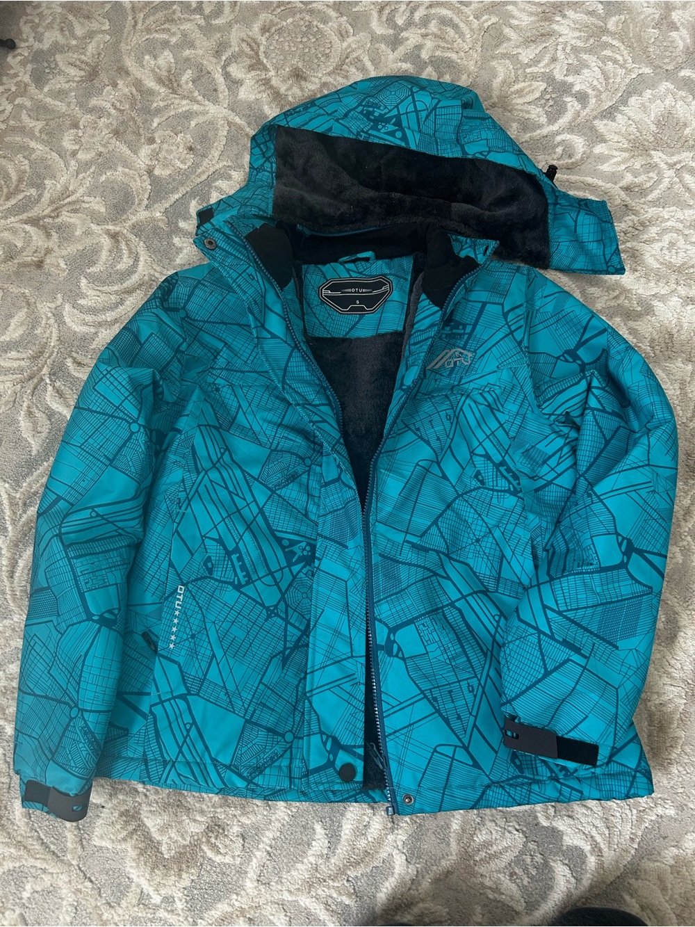Teal Geometric Pattern Ski Jacket with Hood